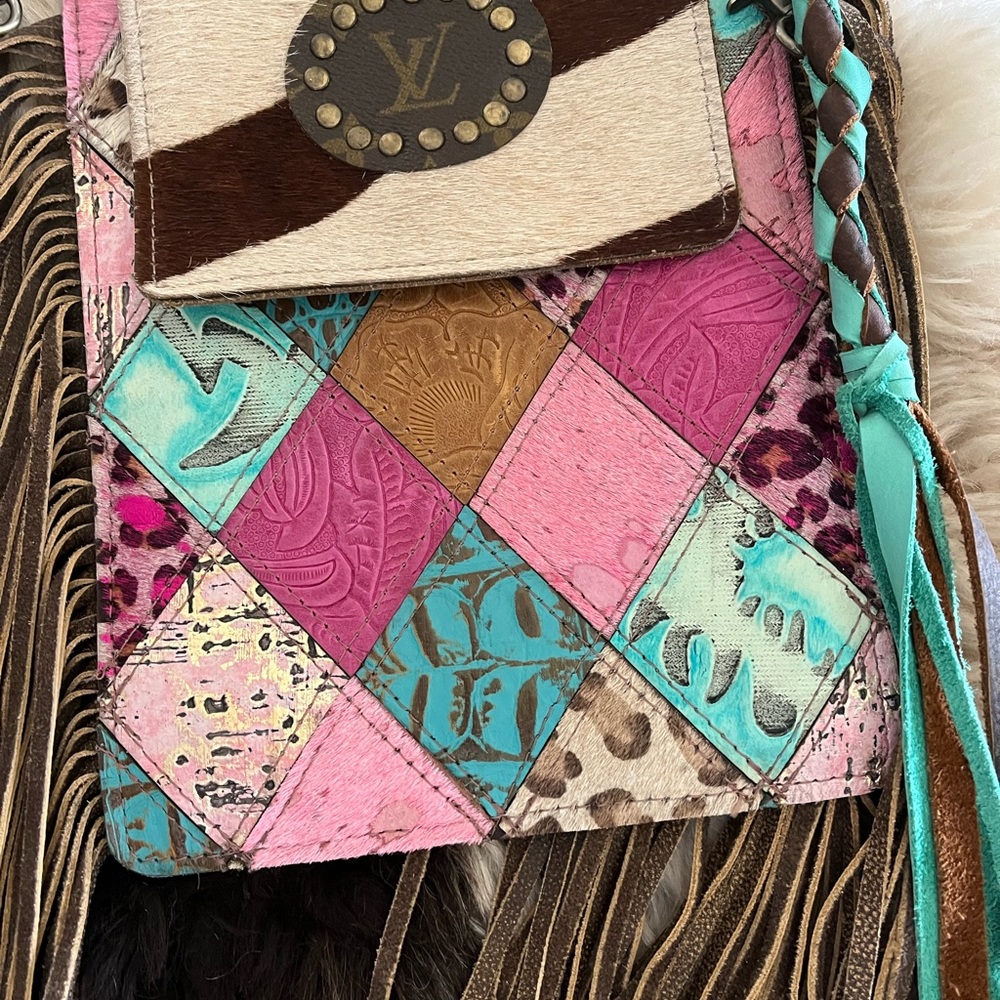 Pink and Brown Floral Crossbody Bag with Fringe